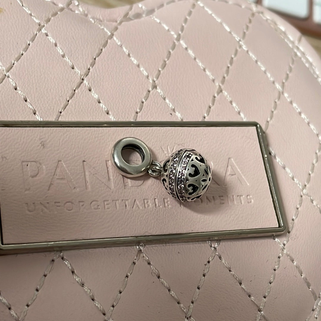 Sterling Silver Openable Pave Sparkle Dangle Charm With Pink Stone Inside Beautiful