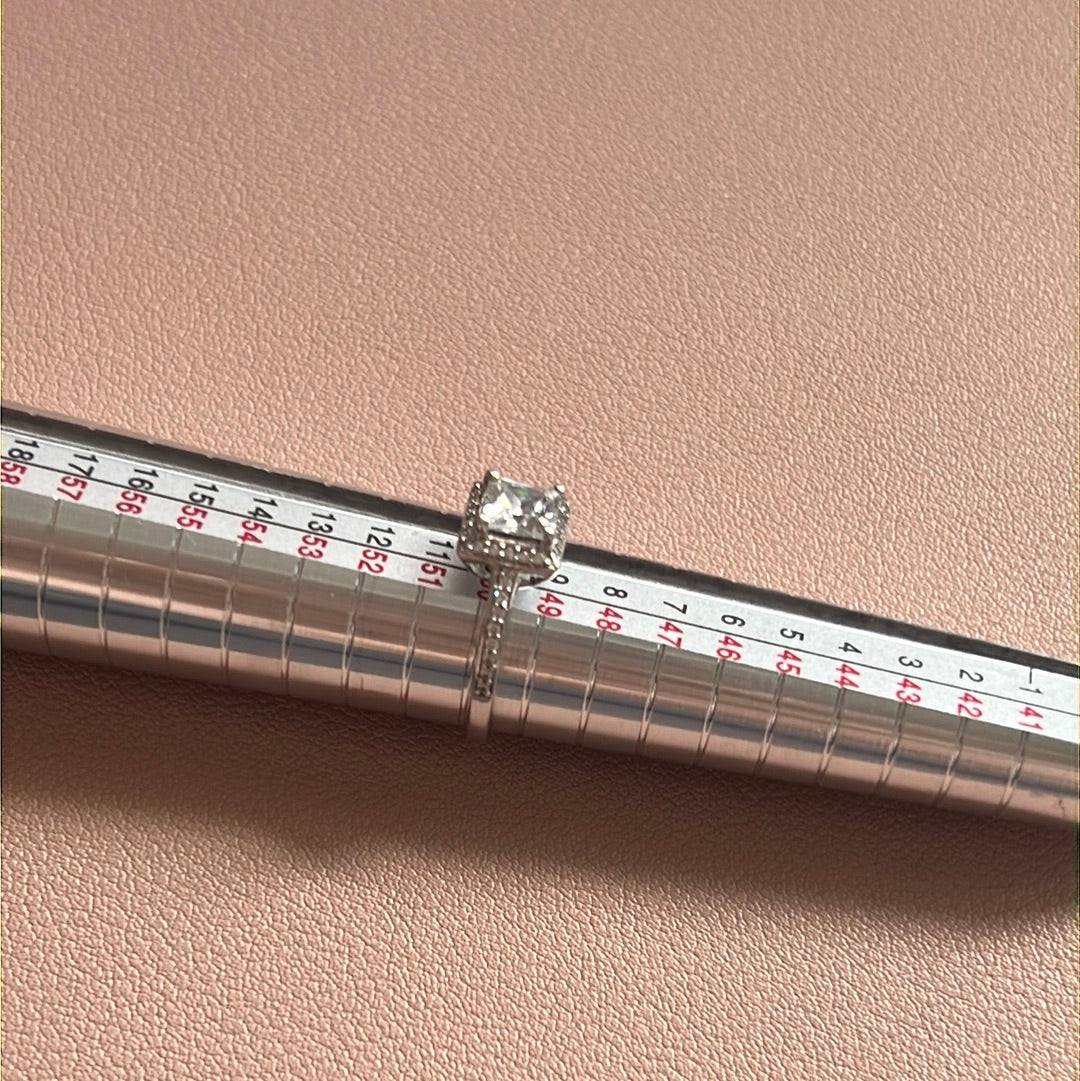 Sterling Silver Square Square CZ With Half Pave Band Ring Size 50