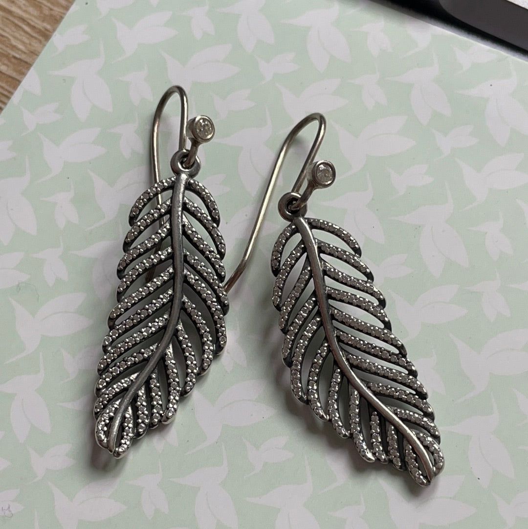 Genuine Pandora Pave Leaf Feather Dangle Compose Charms For Earrings RARE