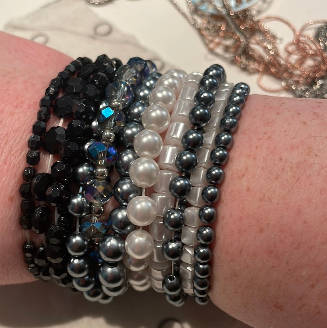 Stack of Silver, Black, Grey and Pearl Beads Bracelets x14