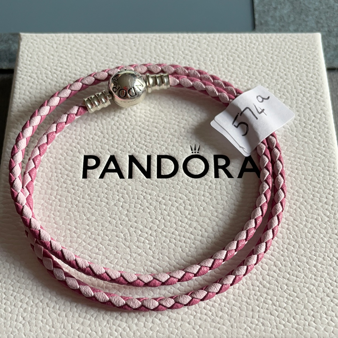 Genuine Pandora Double Wrap Leather New Style Clasp Pink and Light Pink Weave