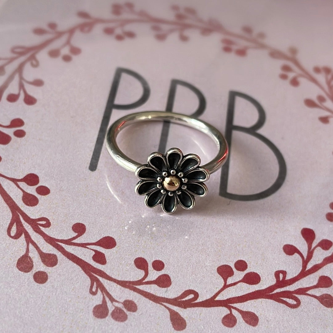 Genuine Pandora Two Tone Gerbera Flower Oxidised Ring RARE HTF 54