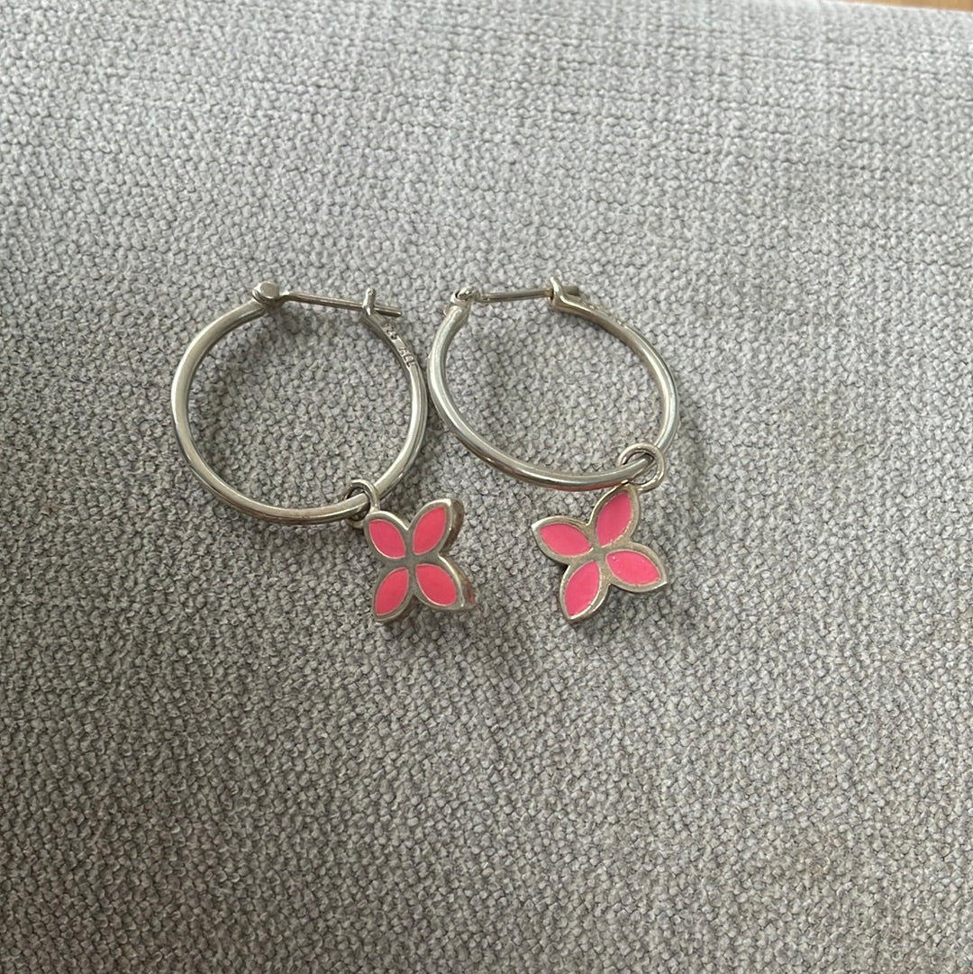 Genuine Pandora Very Rare Hoop Dangle Compose Earrings With Pink Enamel Flowers