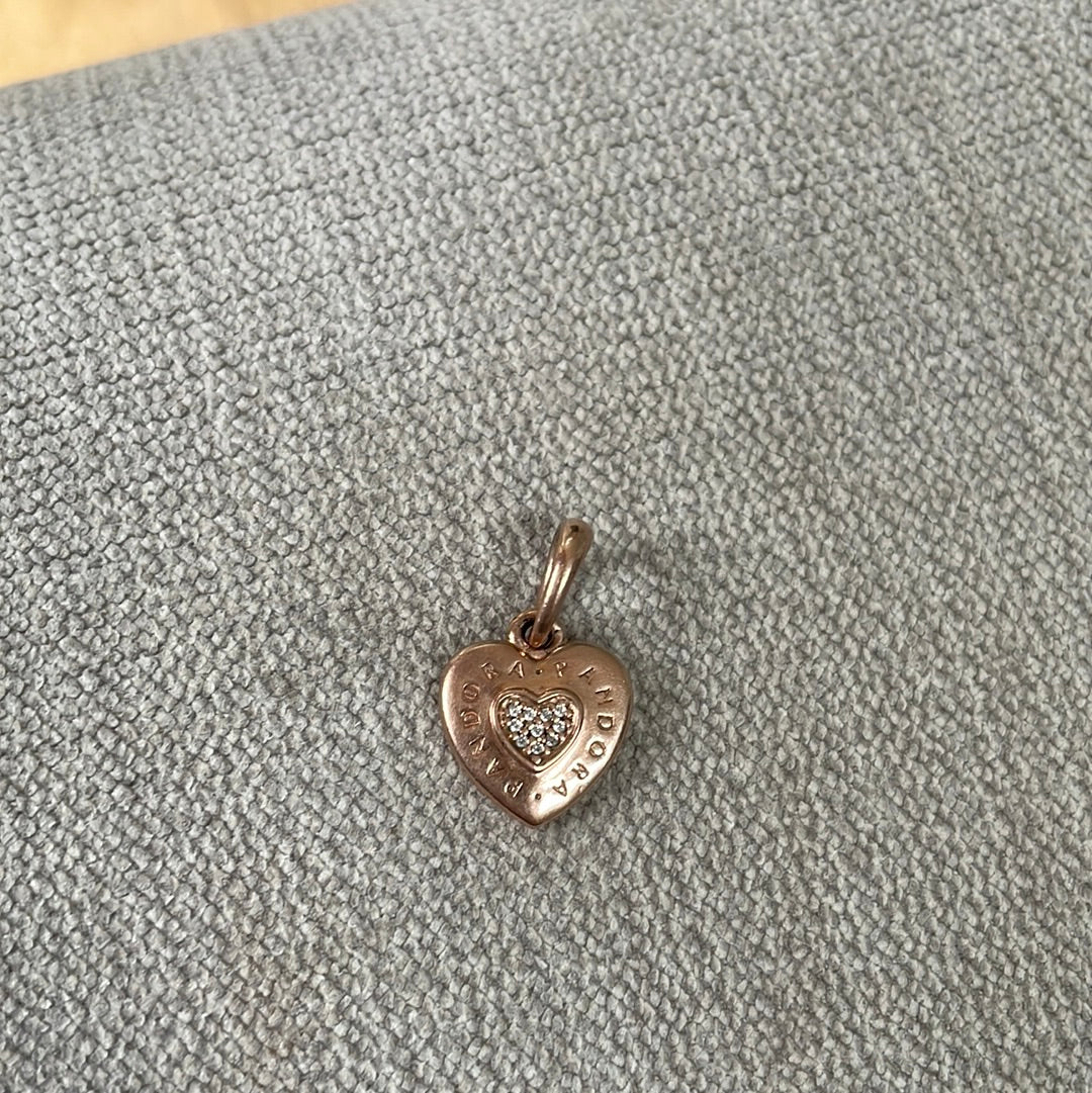 Genuine Pandora Rose Gold Logo Heart Pendant Clear CZ Dangle Charm