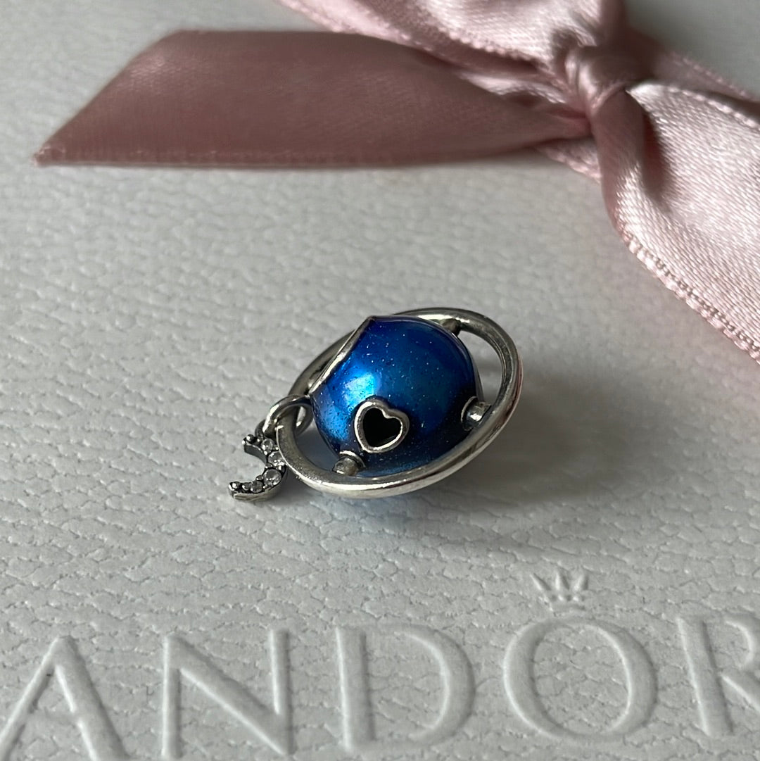 Genuine Pandora Planet of love Blue Enamel Pave Moon Dangle Exclusive charm
