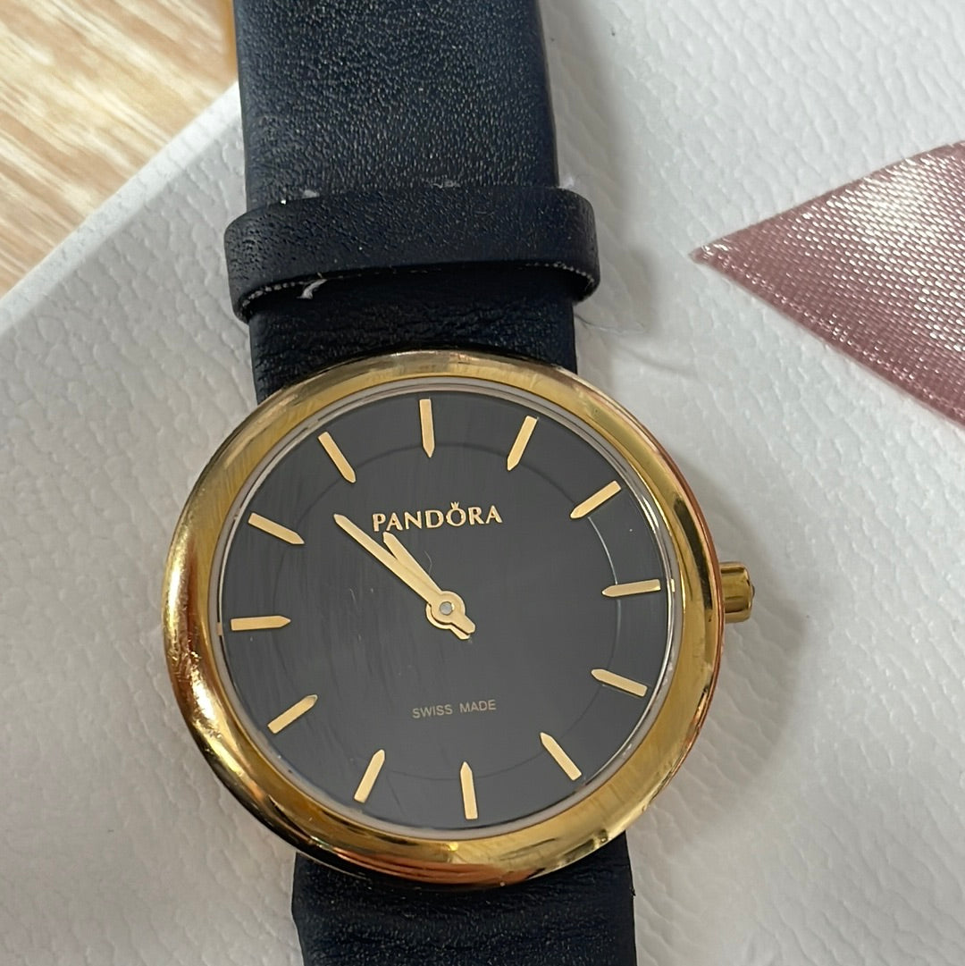 Genuine Pandora Gold Plated Hardware Black Crown Diamond Pure 8120158K Watch with Navy Leather Strap