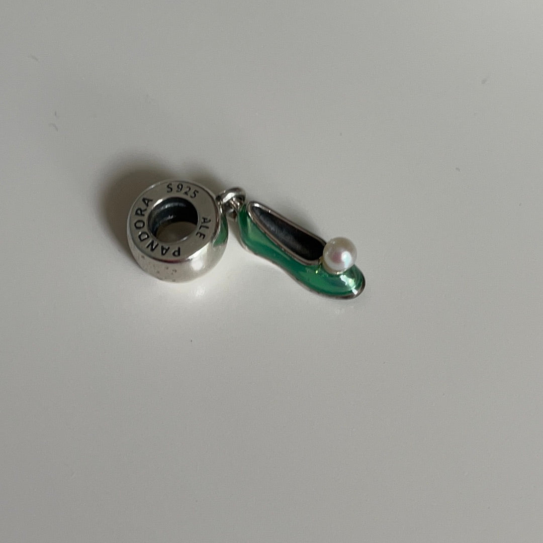 Genuine Pandora Disney Tinkerbell Green Enamel Pearl Slipper Dangle Charm