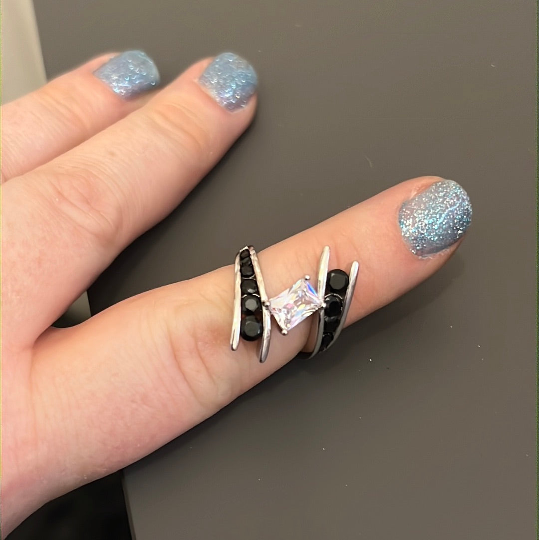 Sterling Silver Pave and CZ Black and Clear Crossover Ring Size..