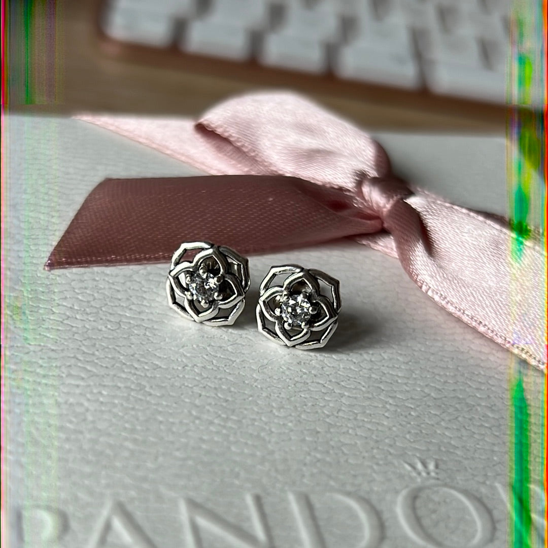 Genuine Pandora New Style Open Oriental Flower Rose Earrings