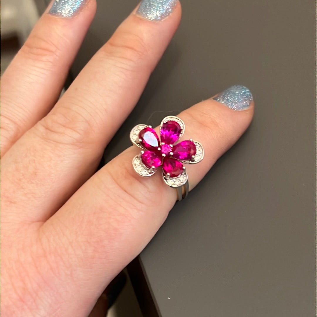 Sterling Silver Pave Clear & Pink Flower Ring Size 52