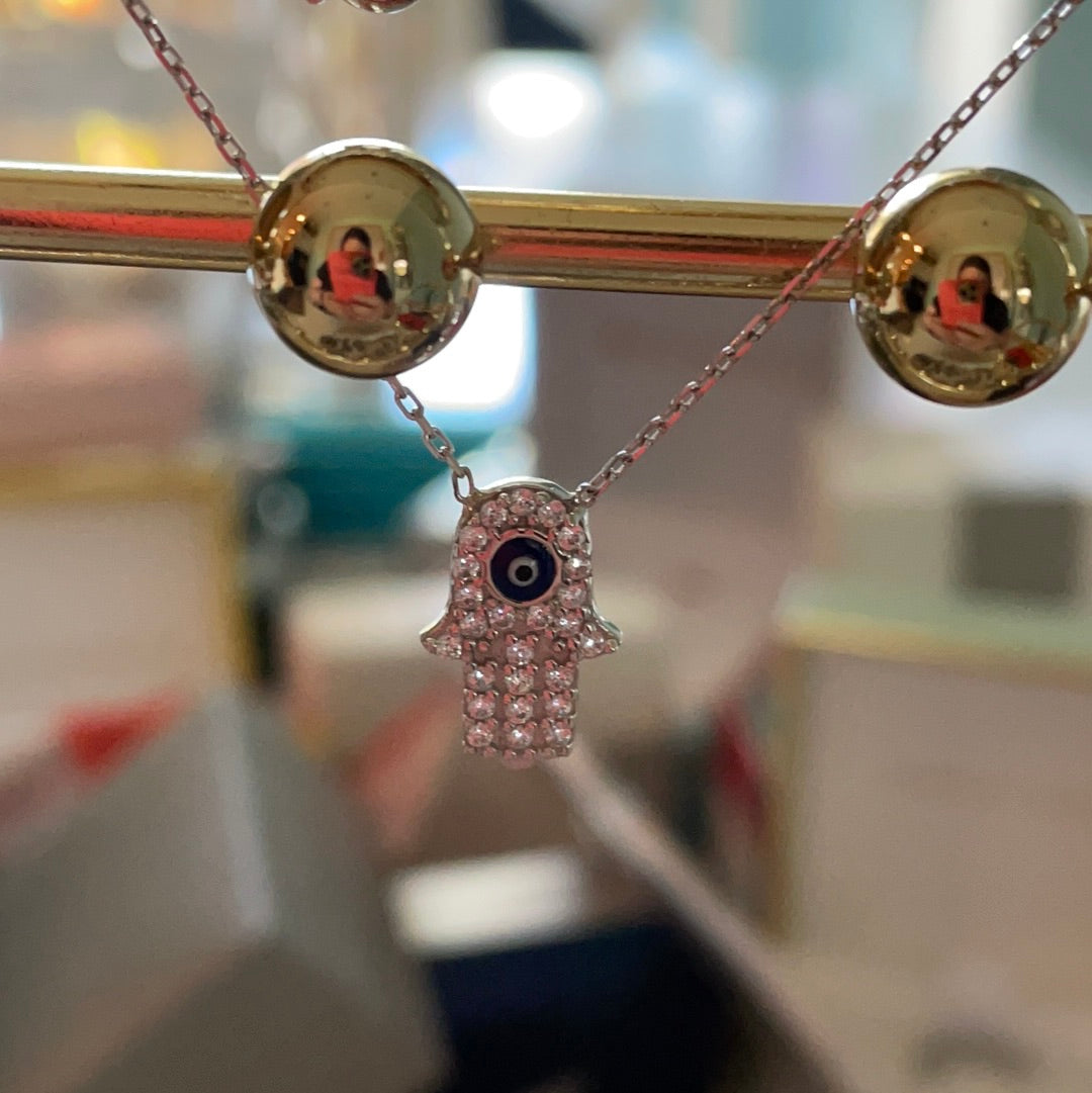 Brand New Pave CZ Small Hamsa Hand Protection Sterling Silver Necklace