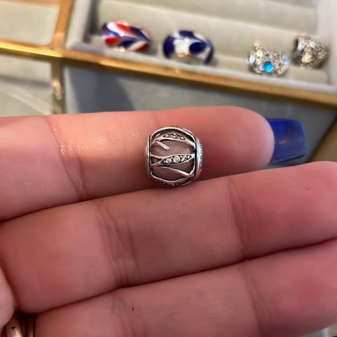 Genuine Pandora Pink Faceted Murano Encased in Nature Leaf Pave Leaves Glass Silver Charm