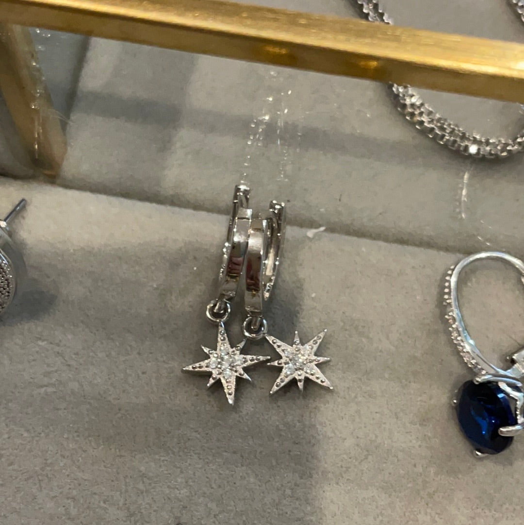 Brand New Sterling Silver Clear Pave Star Dangle Earrings