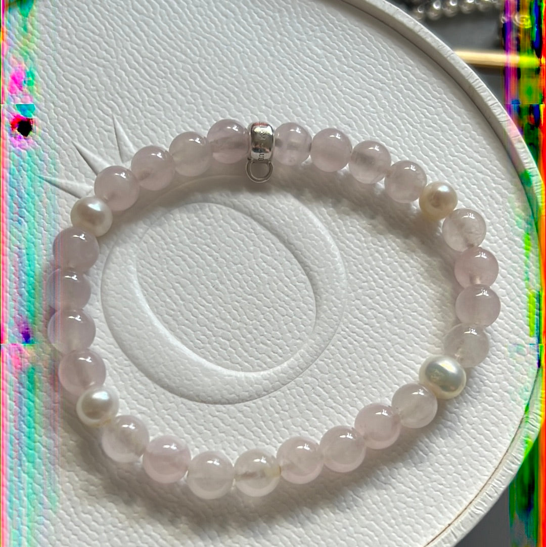 Genuine Thomas Sabo Sterling Silver Charm Clasp Rose Pearl Quartz Bracelet Large