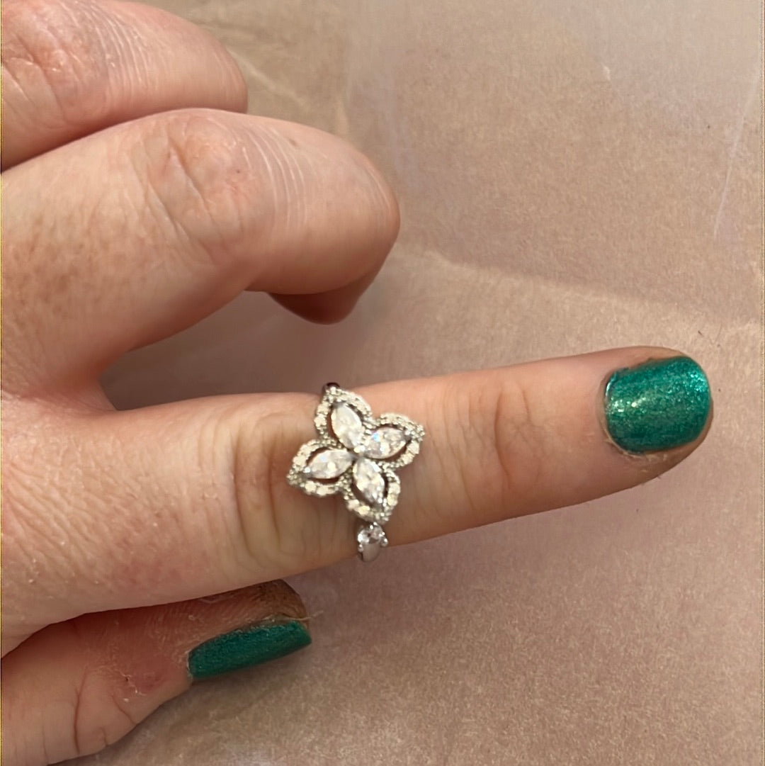 Beautiful Adjustable Anxiety Spinning Ring - Pave Clear Large Poinsettia Flower Ring