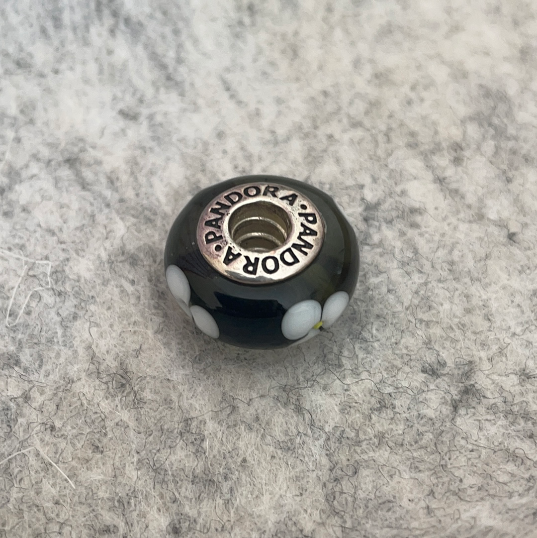 Genuine Pandora Dark Green Glass Charm with White Flowers