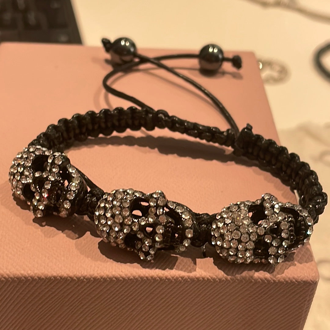Pave Skull Black Material Adjustable Bracelet