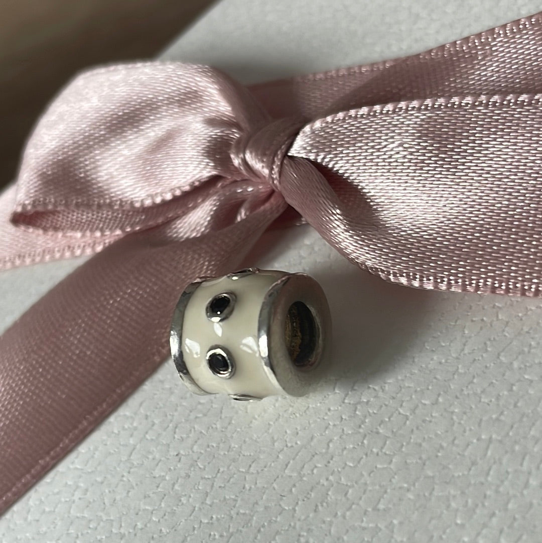 Genuine Pandora White Enamel Promise Black CZ Enamel Barrel charm With CZ Rare