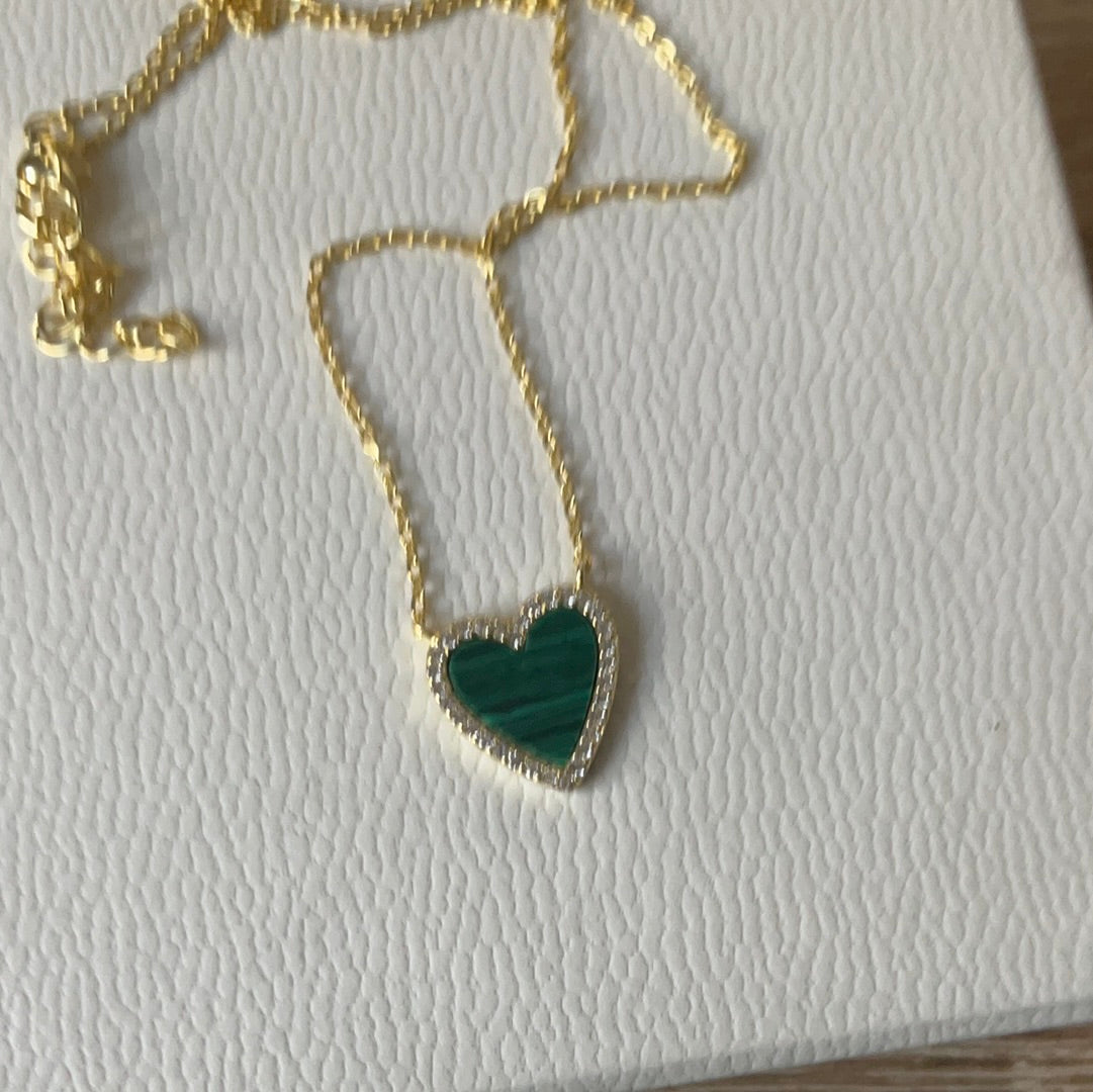 Brand New Pave & Green Stone Heart Sterling Silver Gold Plated Necklace 50cm