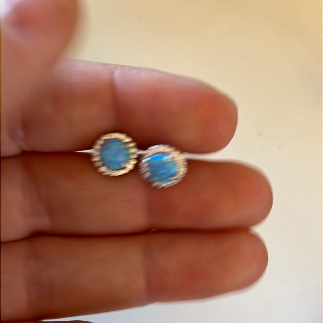 Sterling Silver Beautiful Blue Opal and CZ Earrings