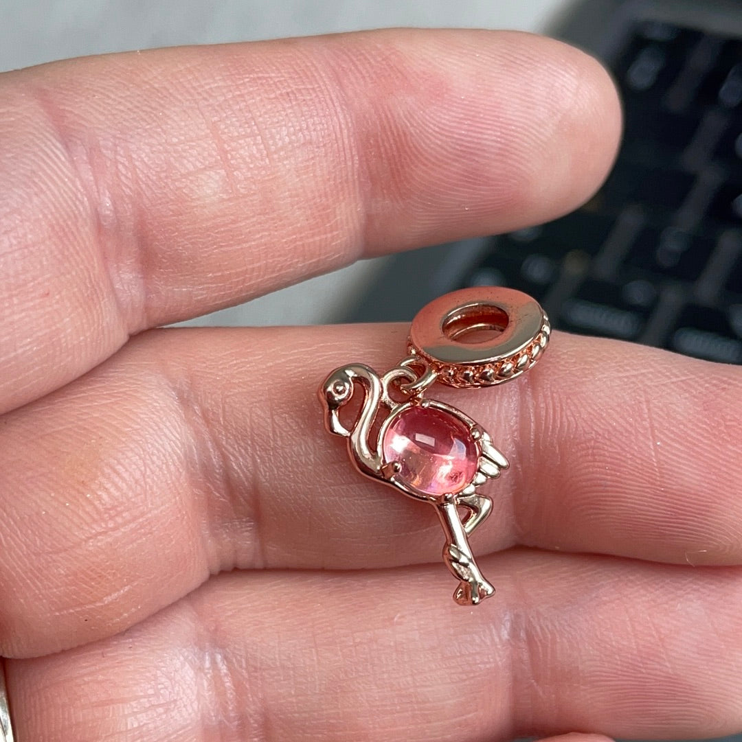 Genuine Pandora Rose Gold Summer Enamel Dangle Pink Stone Flamingo Charm