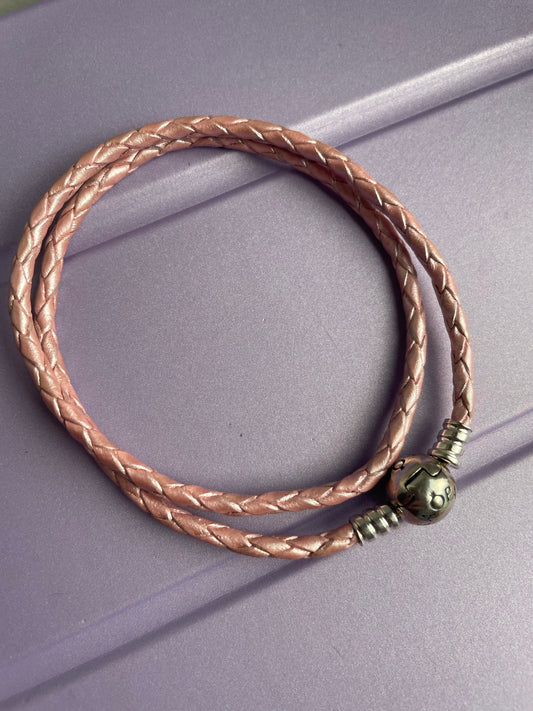 Genuine Pandora Double Wrap Leather New Style Clasp Pink Weave Small