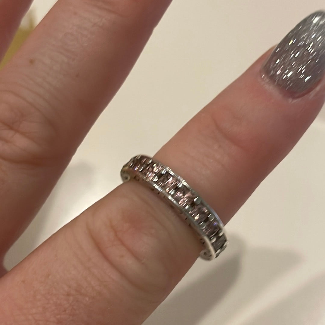 Genuine Pandora Square Pink/ Clear CZ Pave Ring Eternity With Leaf Detail Size 52