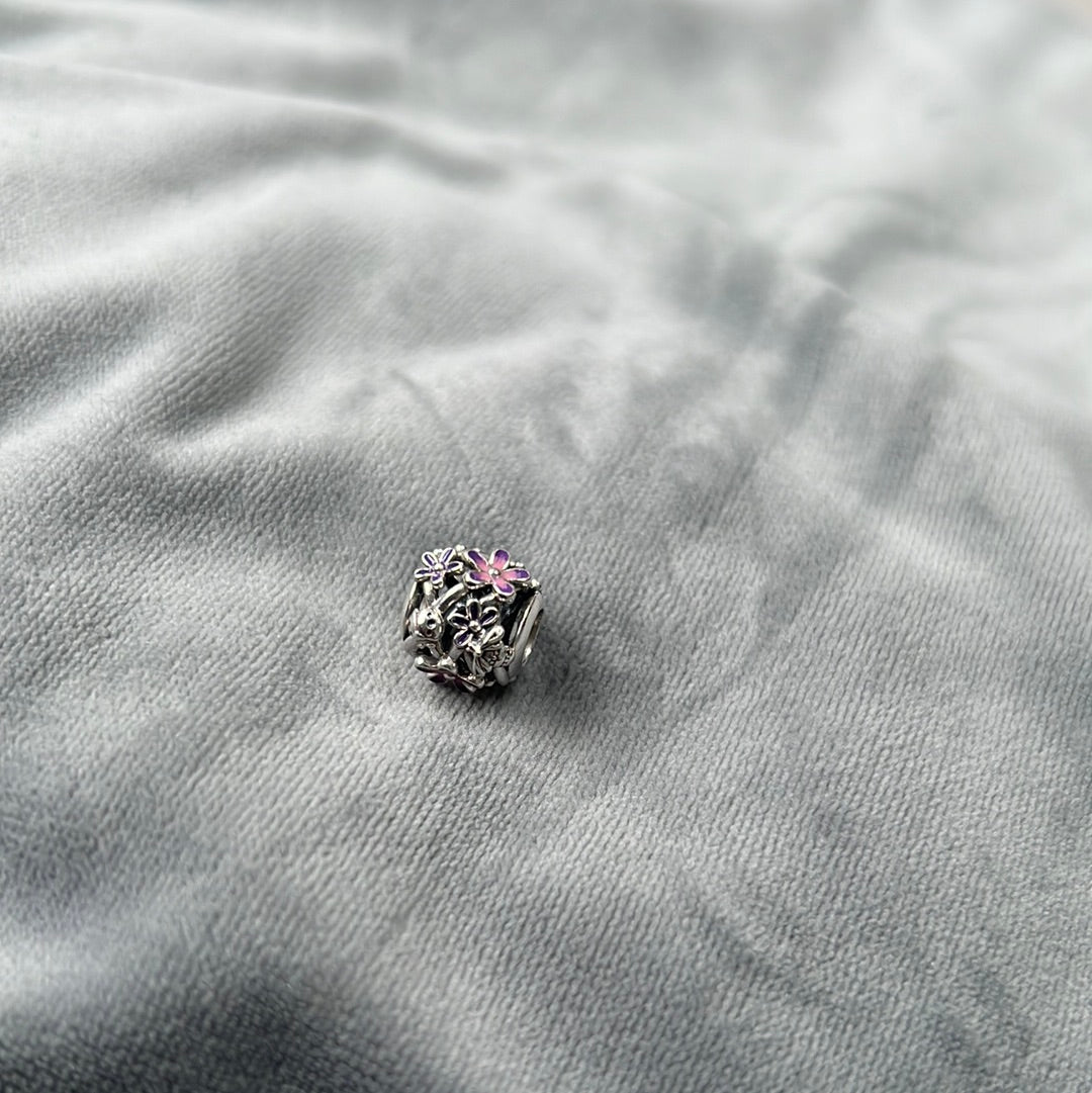 Genuine Pandora White/ Purple Enamel Flower Daisy Openwork Ladybird Bee Charm