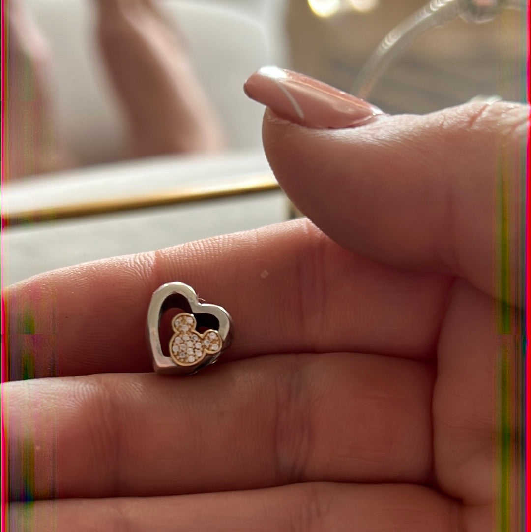 Genuine Pandora Charm Two Tone Mickey & Minnie Love Icon RARE Pave Heart