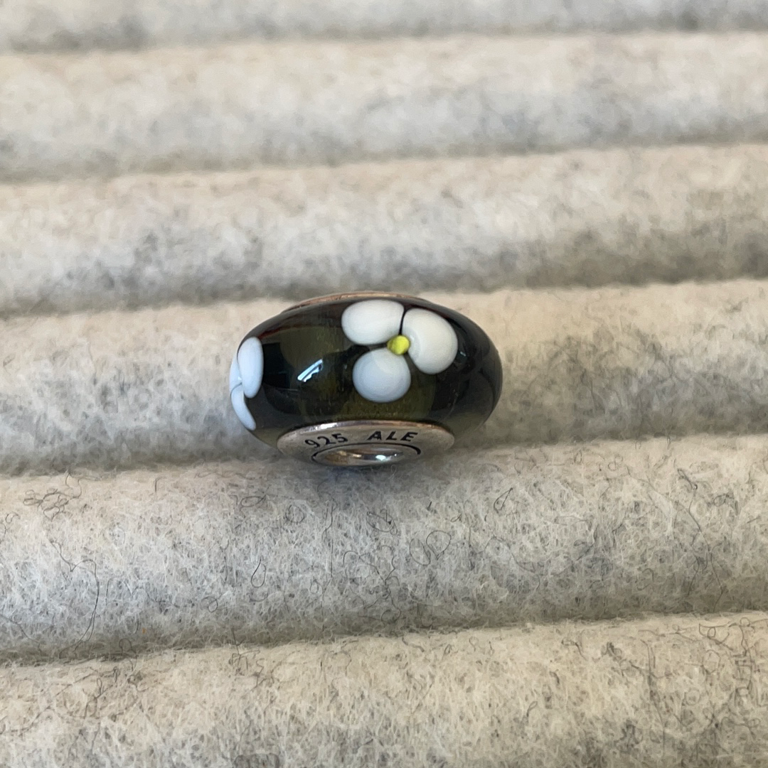 Genuine Pandora Dark Green Glass Charm with White Flowers