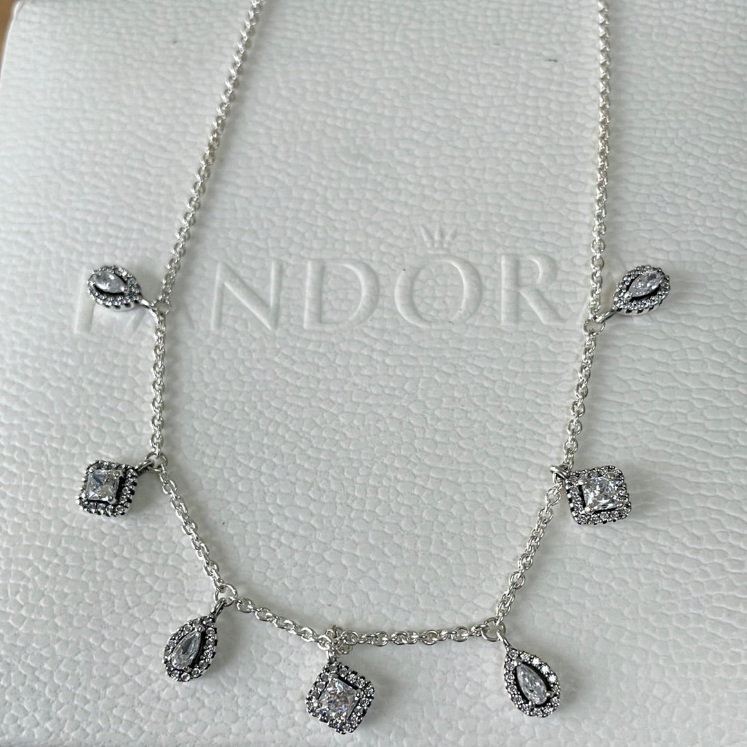 Genuine Pandora Pave Teardrop and Square Necklace