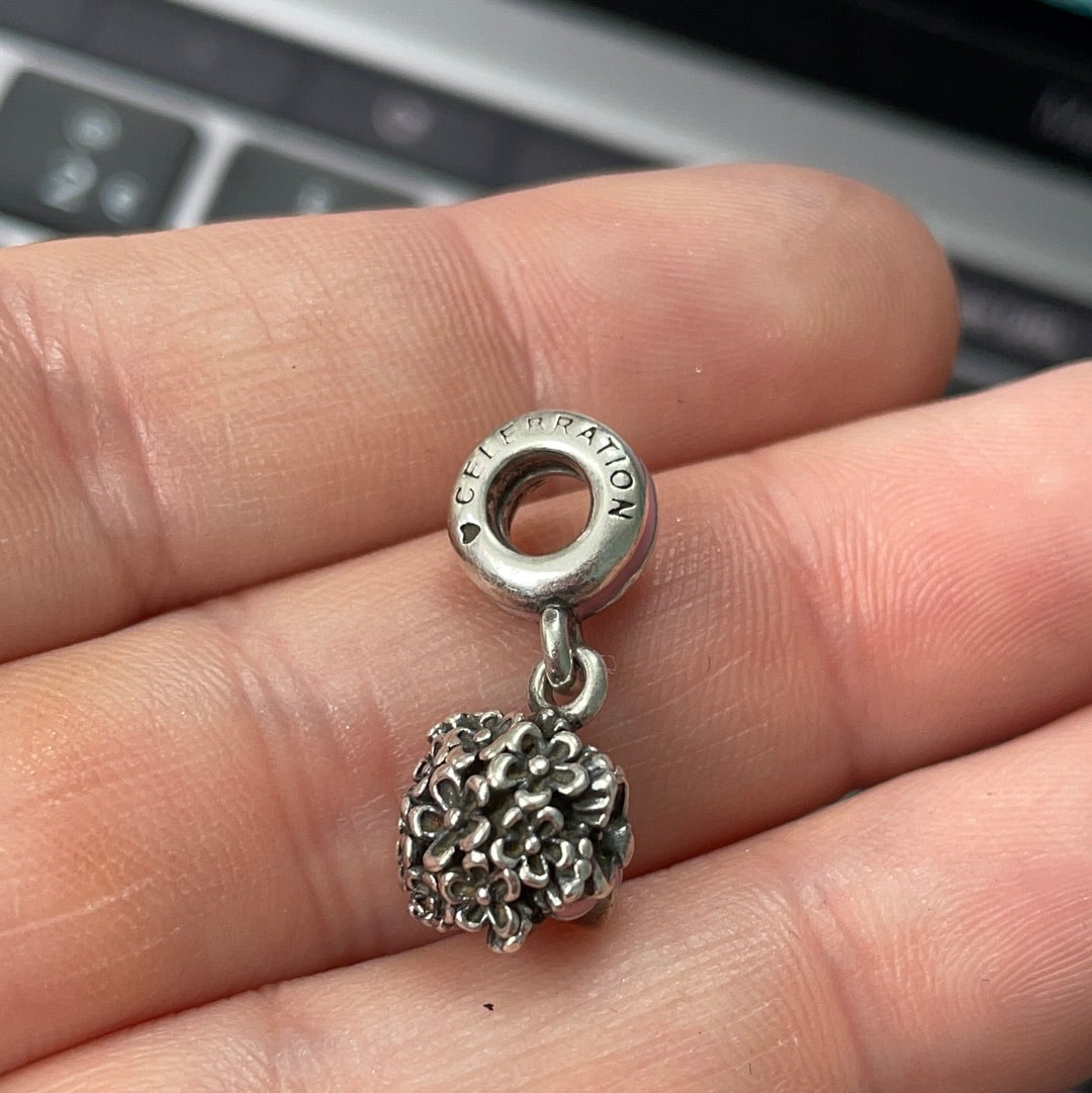 Genuine Pandora RARE Celebration Bunch of Flowers With Pink Enamel Bow and Holder Bouquet Charm