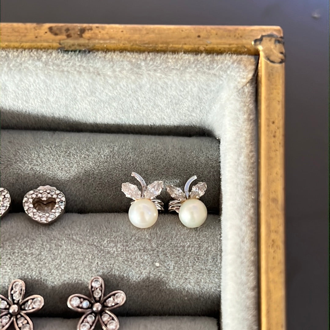 Sterling Silver Little Pearl Apple Pave Dangle Earrings