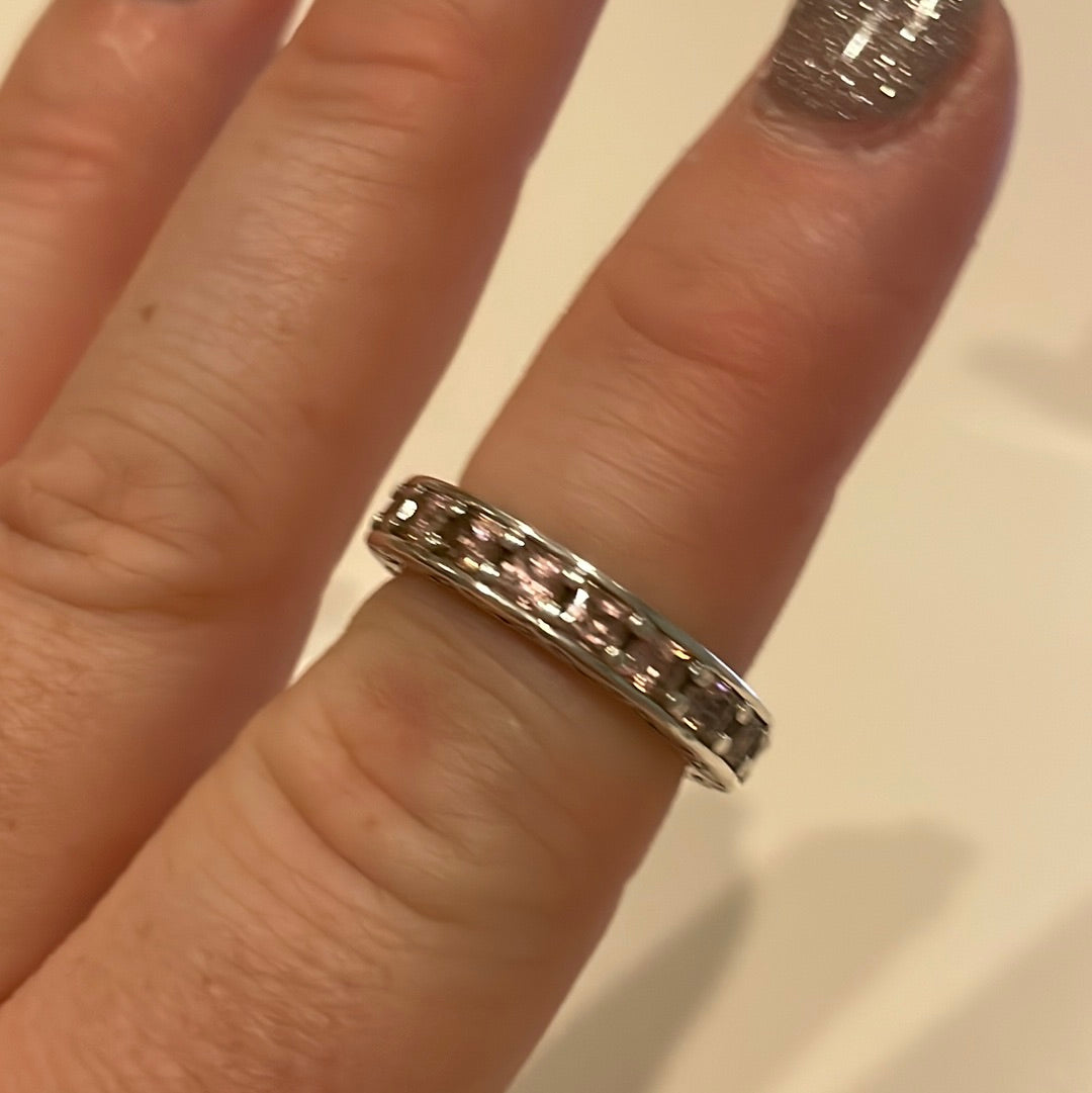 Genuine Pandora Square Pink/ Clear CZ Pave Ring Eternity With Leaf Detail Size 52