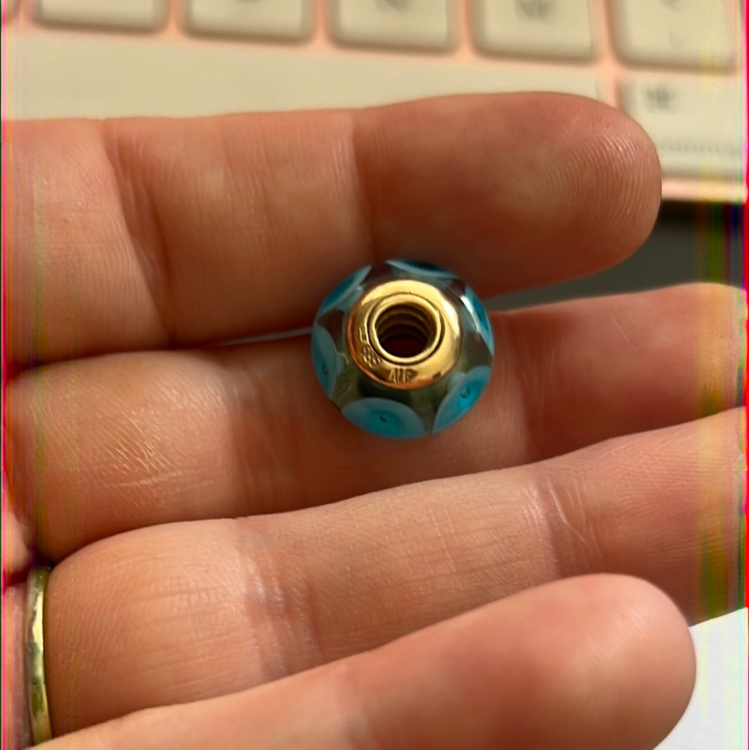 Genuine Pandora Solid 14ct Blue Bullseye Gold Glass Mystic Murano Charm HTF