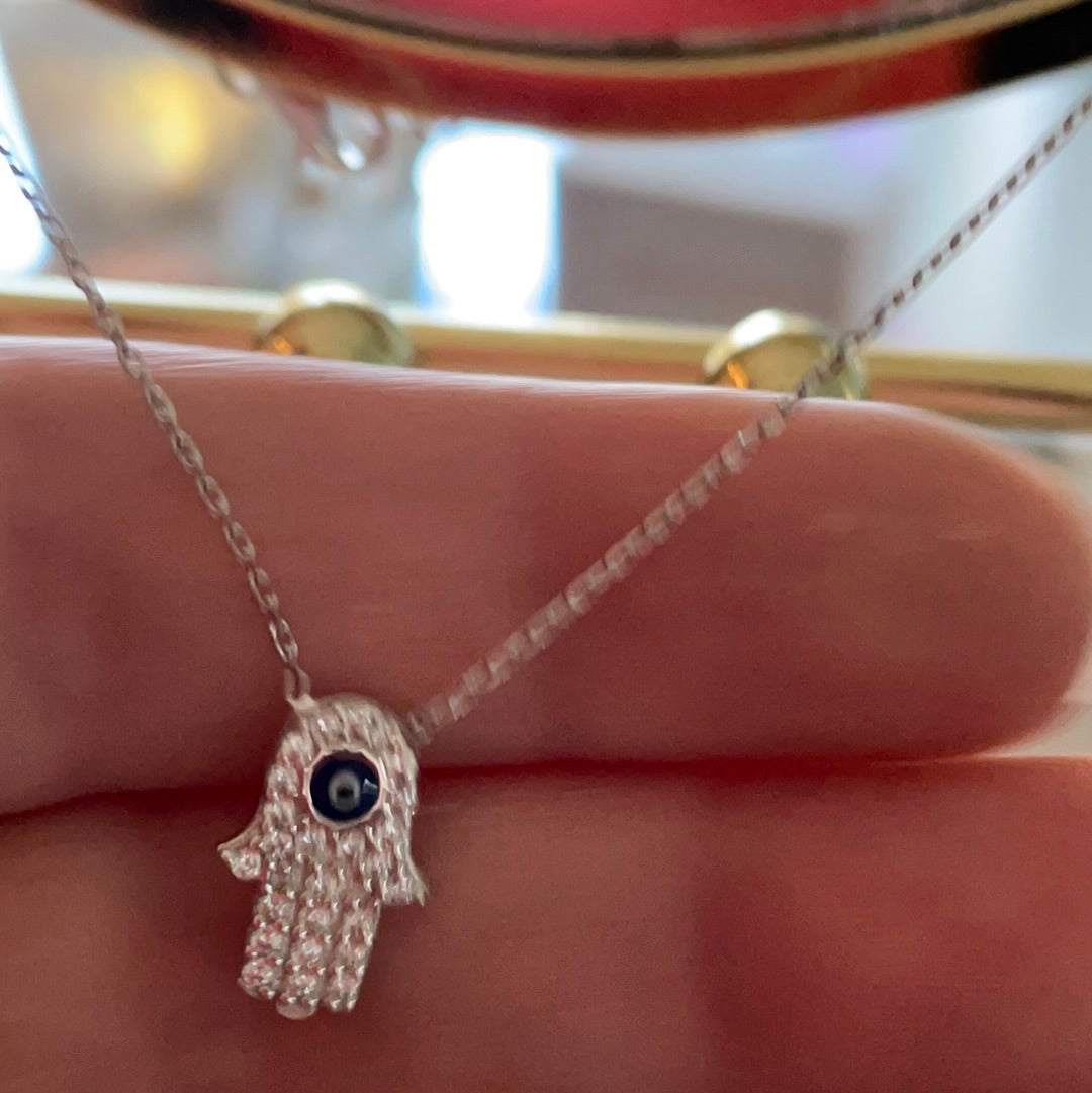Brand New Pave CZ Small Hamsa Hand Protection Sterling Silver Necklace