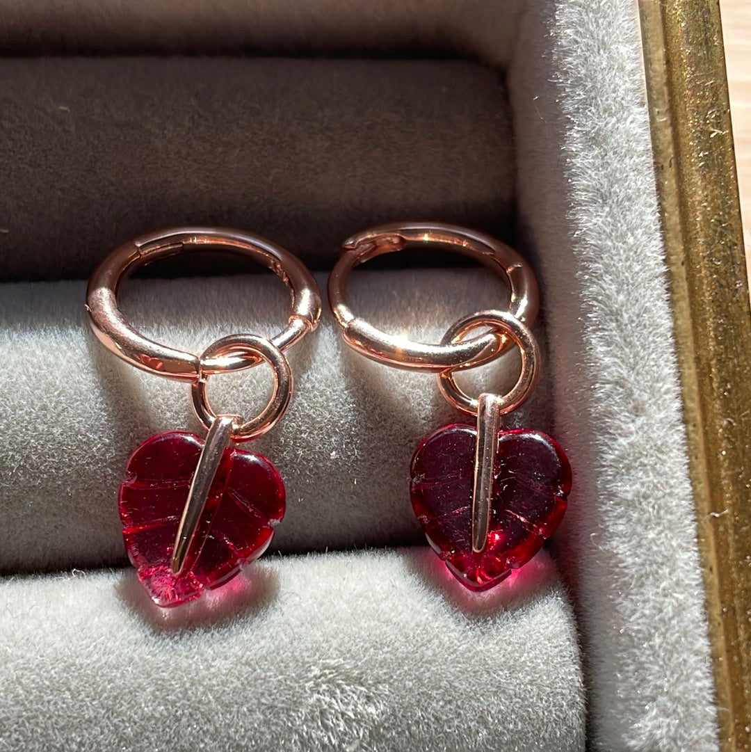Genuine Pandora Rose Gold Hoop Dangle Earrings With Pink Murano Glass Leaves