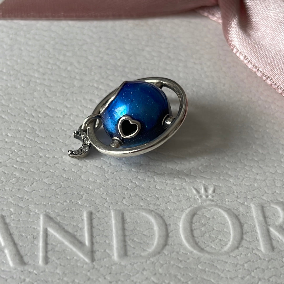 Genuine Pandora Planet of love Blue Enamel Pave Moon Dangle Exclusive charm