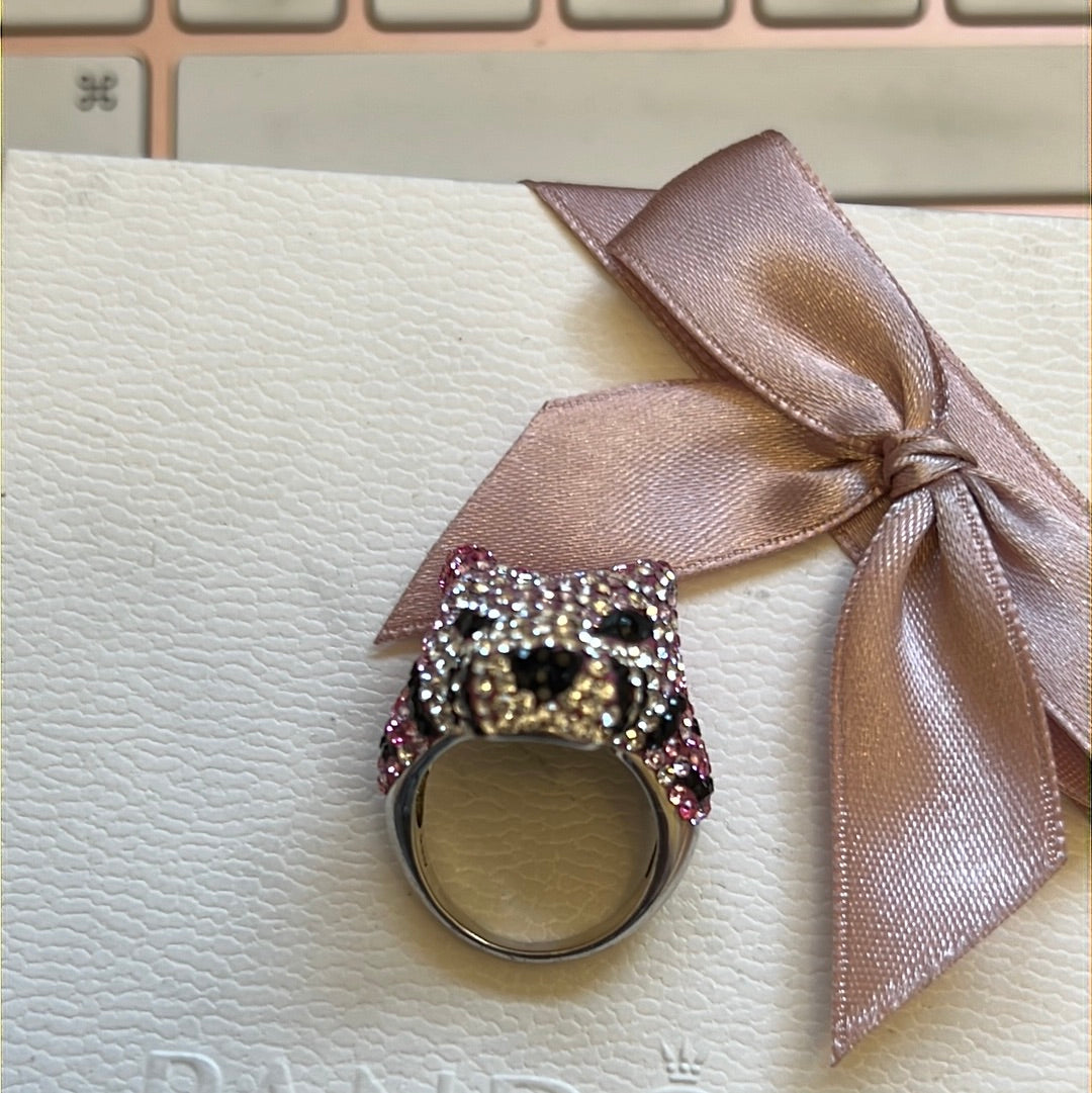 Sterling Silver Pink and Clear Pave Leopard Tiger Head Ring 52