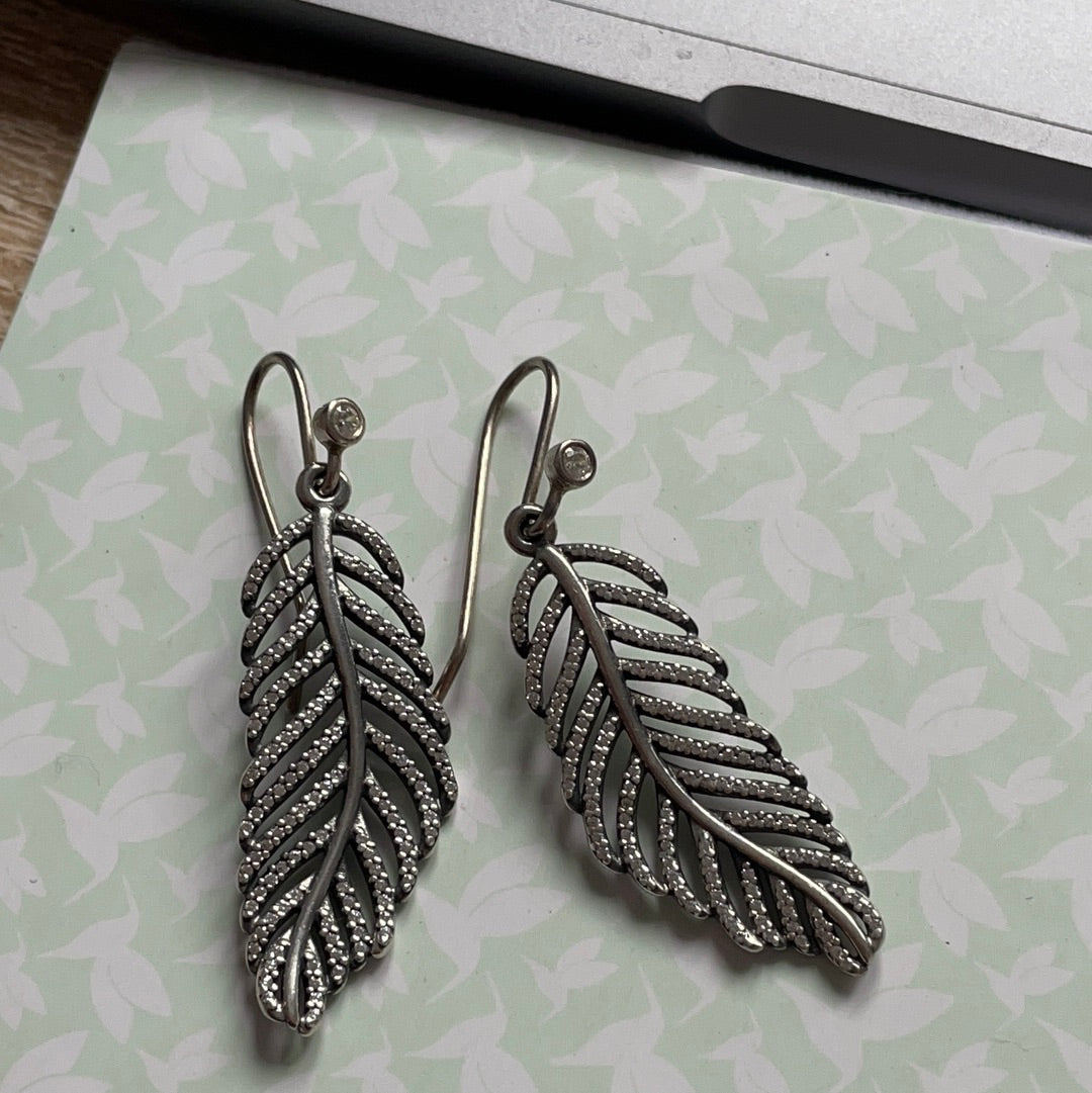 Genuine Pandora Pave Leaf Feather Dangle Compose Charms For Earrings RARE
