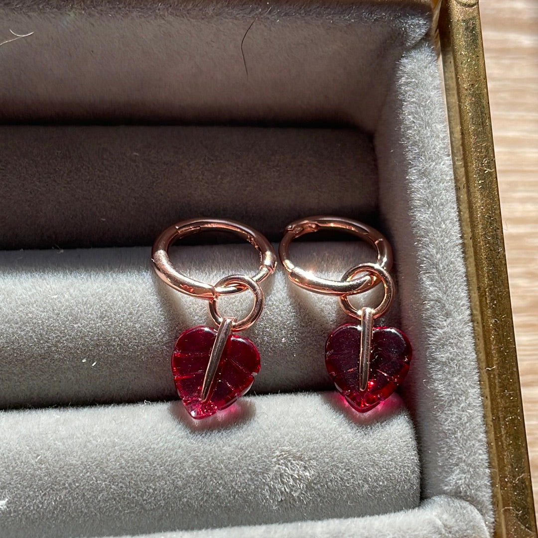 Genuine Pandora Rose Gold Hoop Dangle Earrings With Pink Murano Glass Leaves