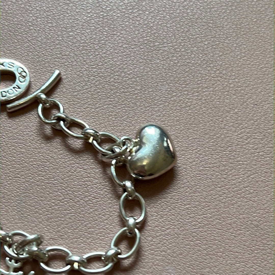 Genuine Links of London Sterling Silver T-Bar Charm Bracelet With 3 Non Removable Charms