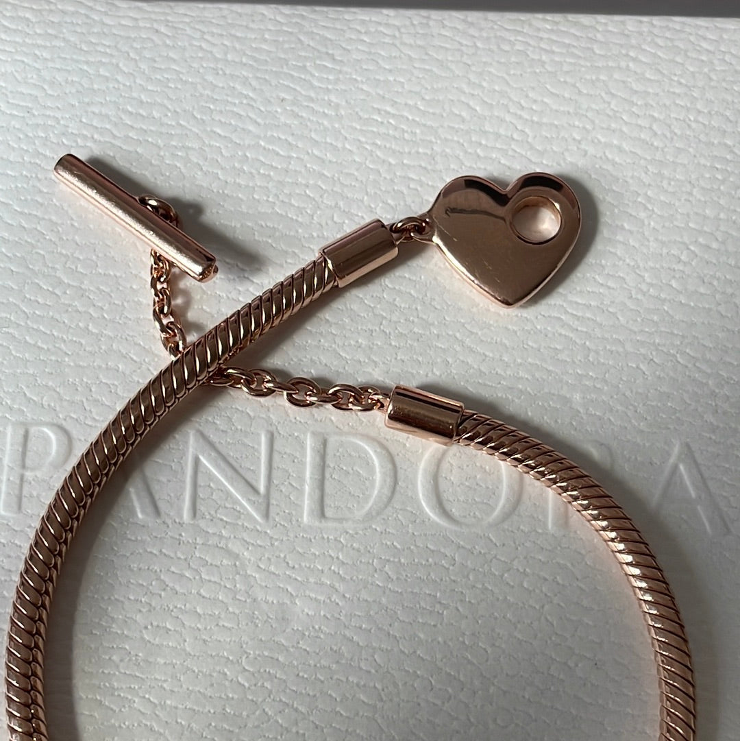 Genuine Pandora Rose Gold Snake Chain Moments New Style Smooth Heart Chain T-Clasp Style 18cm