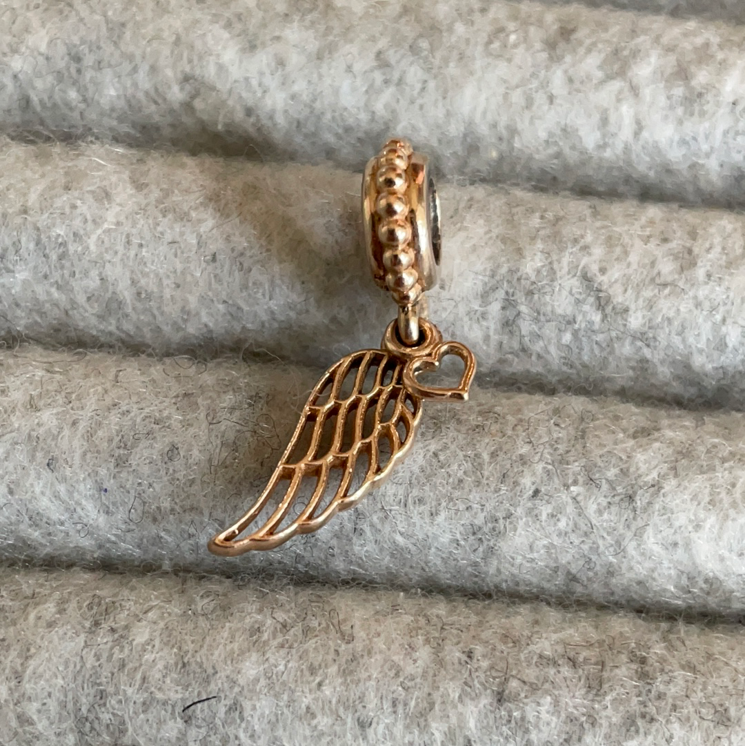 Genuine Pandora  Rose Gold Spiritual Wing Angel Heart Feather Dangle Charm