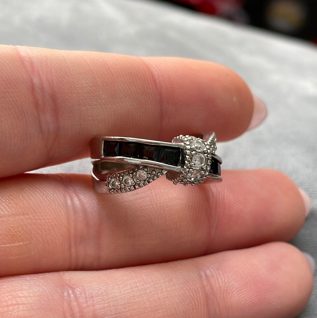 Sterling Silver Pave and CZ Black and Clear Crossover Bow Ring Size 52