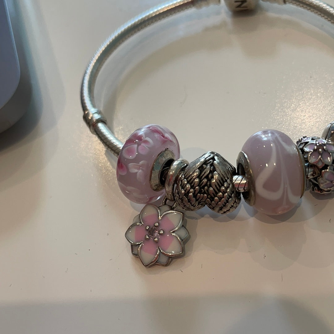 Unbranded Brand New Starter Bracelet. Sterling Silver Pink Magnolia Flower and Angel Set