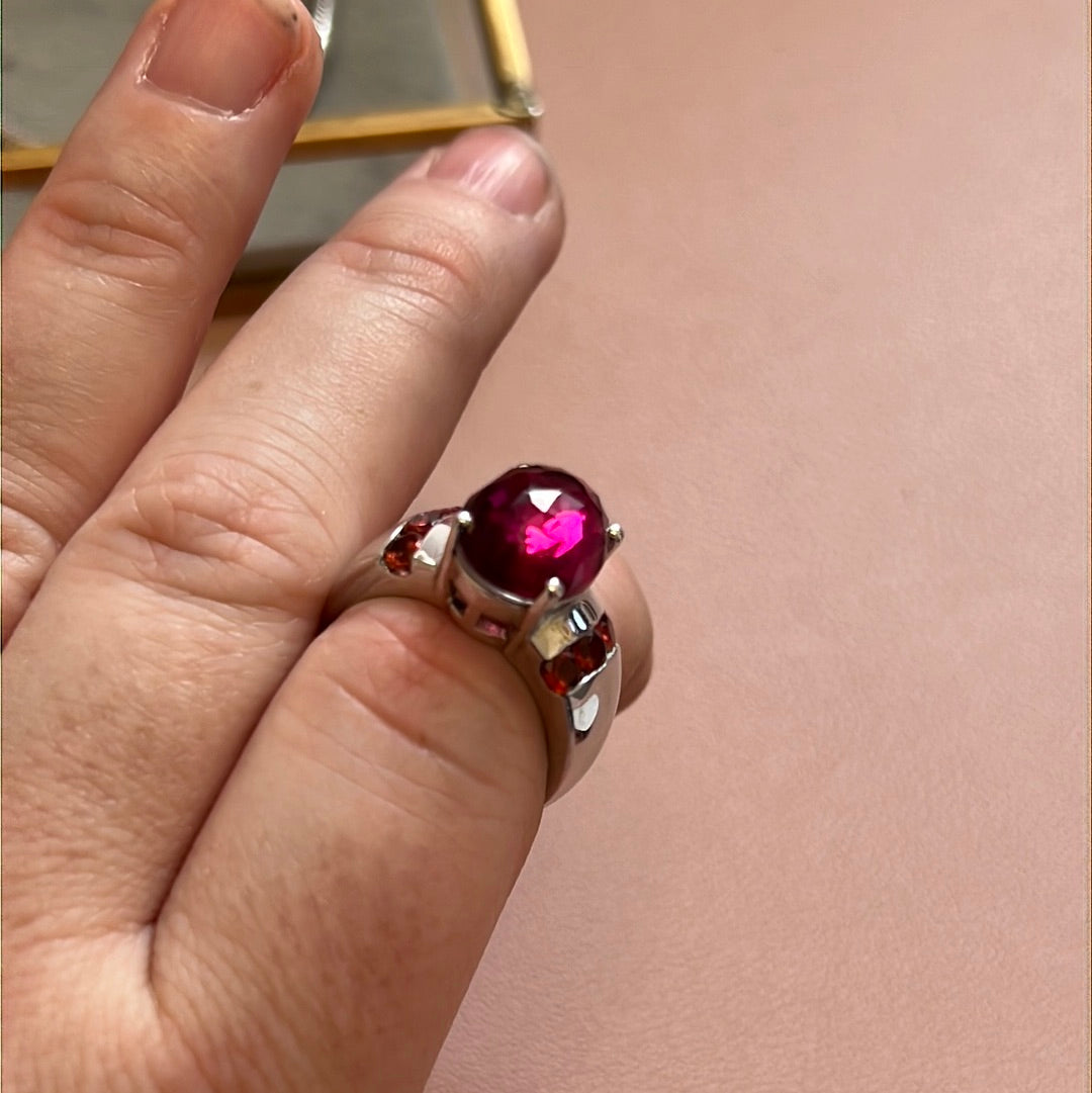 TGCC Sterling Silver Huge Cerise Pink Coloured Gems Ring Size 54