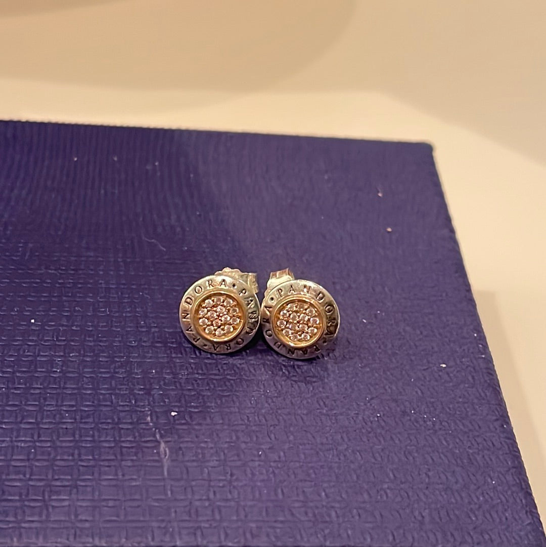 Genuine Pandora Two Tone Pave Pandora Logo Stud Earrings