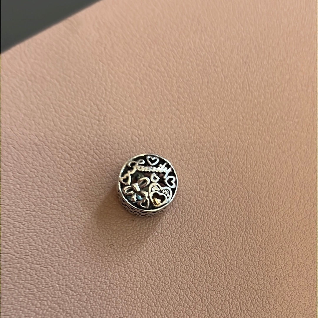 Genuine Pandora Two Tone Openwork Family Charm With Bows and Hearts