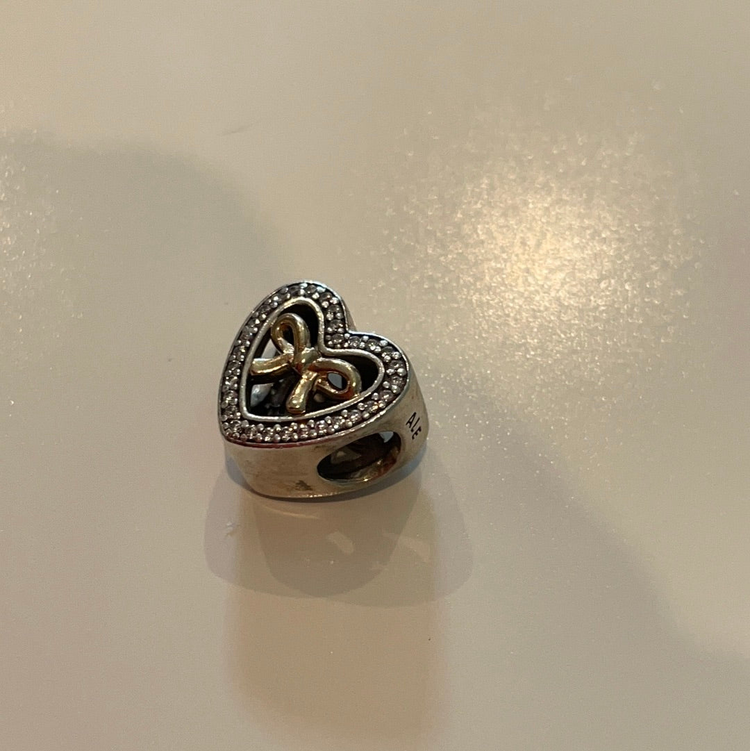 Genuine Pandora Openwork Pave Heart Shaped Charm With Gold Bow